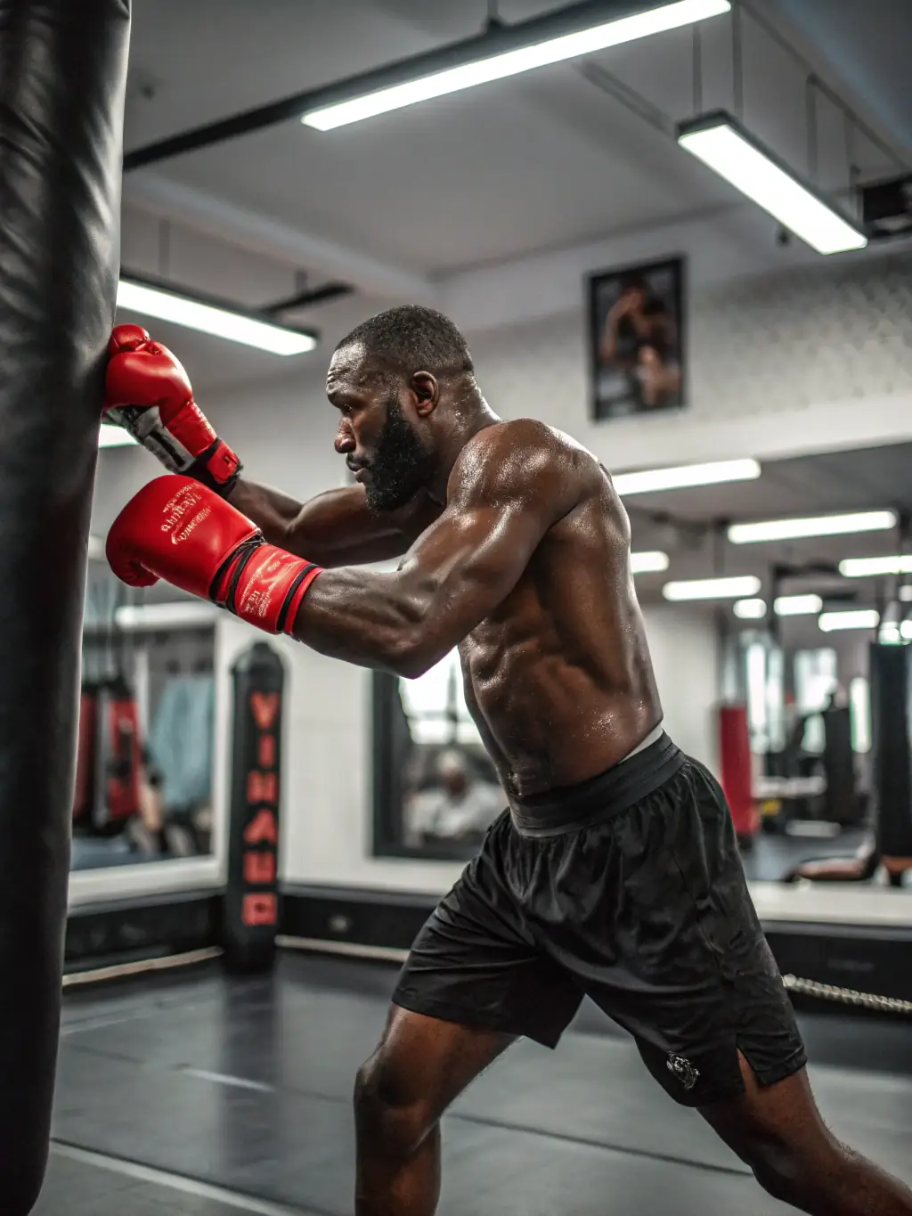 A person intensely hitting a punching bag, sweat visible, showcasing the stress-relieving aspect of kick-boxing at Lunery Kick Boxing.