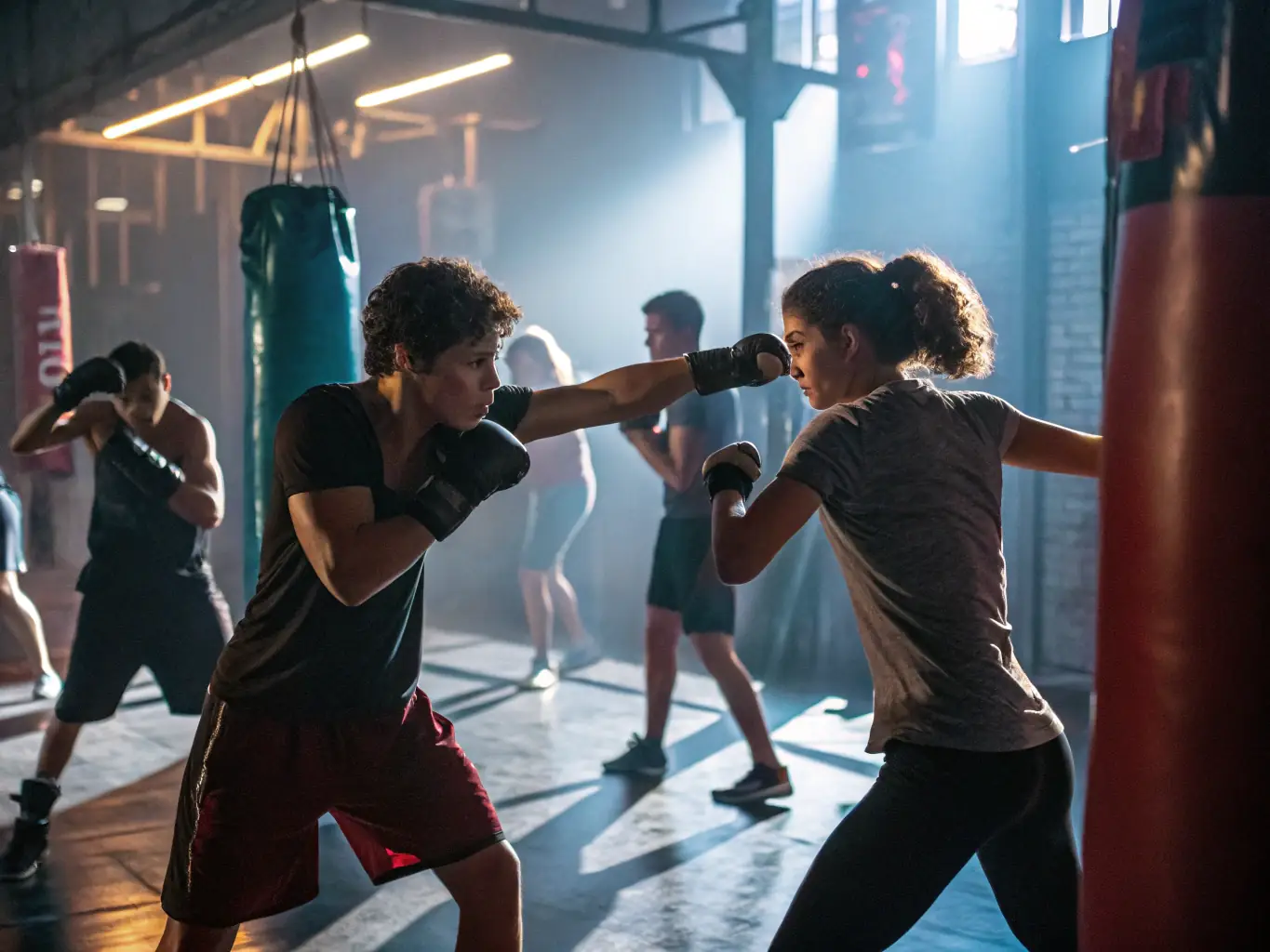 A dynamic shot of a kickboxing class in session, showcasing participants of various ages and fitness levels engaged in a high-energy workout, with the instructor demonstrating proper technique.
