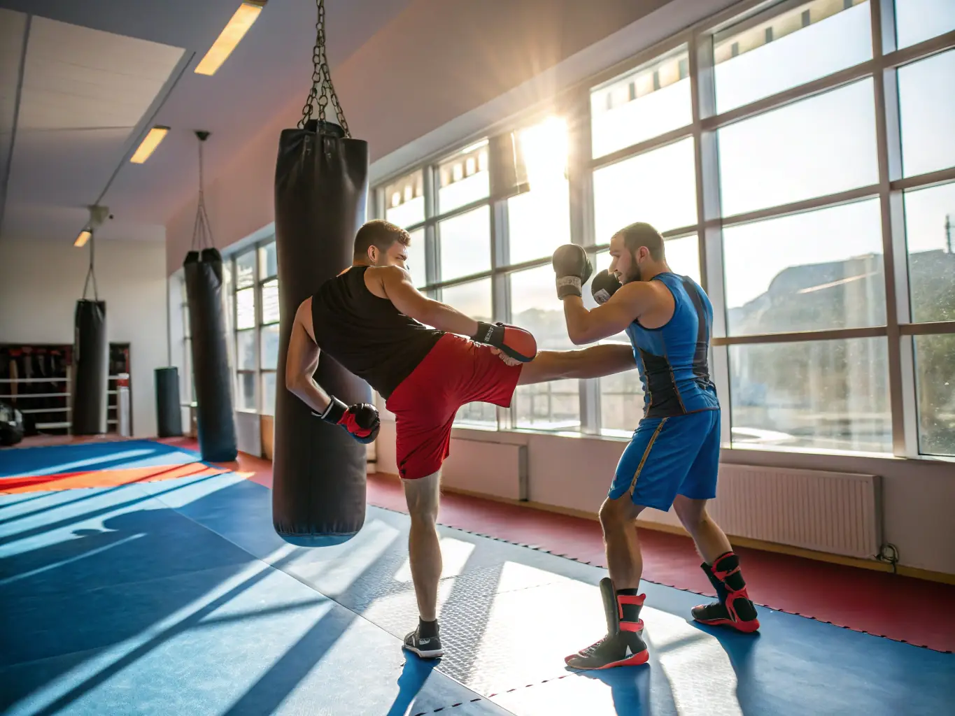 A person looking determined and focused while practicing kickboxing techniques in a training session at Lunery Kick Boxing. The individual is wearing boxing gloves and protective gear, showcasing the discipline and concentration required for the sport.