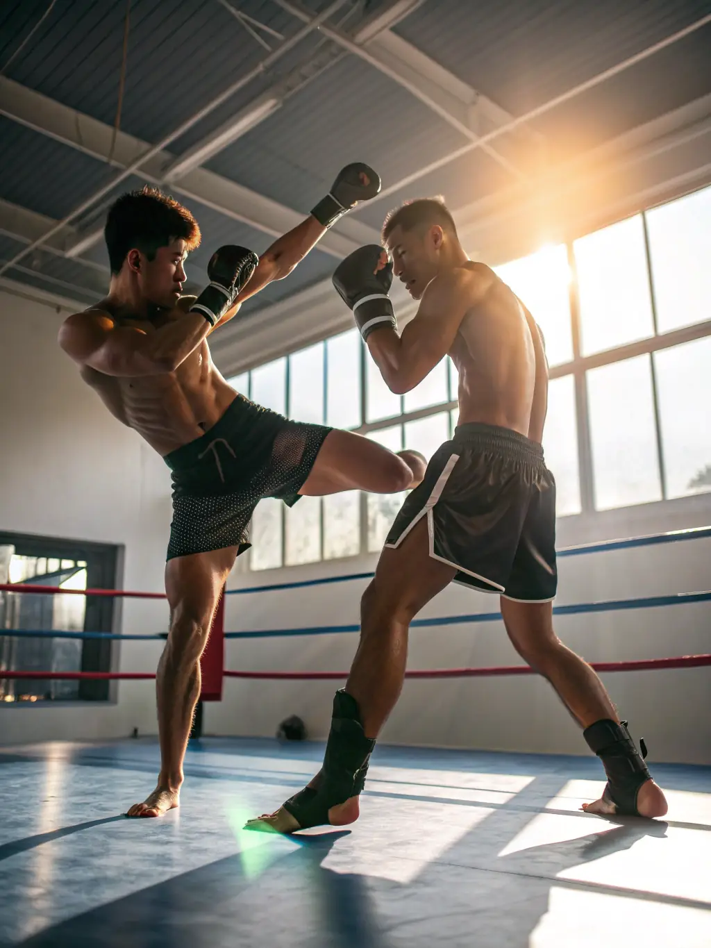 An action shot of advanced kickboxers sparring in a controlled environment, demonstrating agility, speed, and precision under the guidance of a skilled instructor.