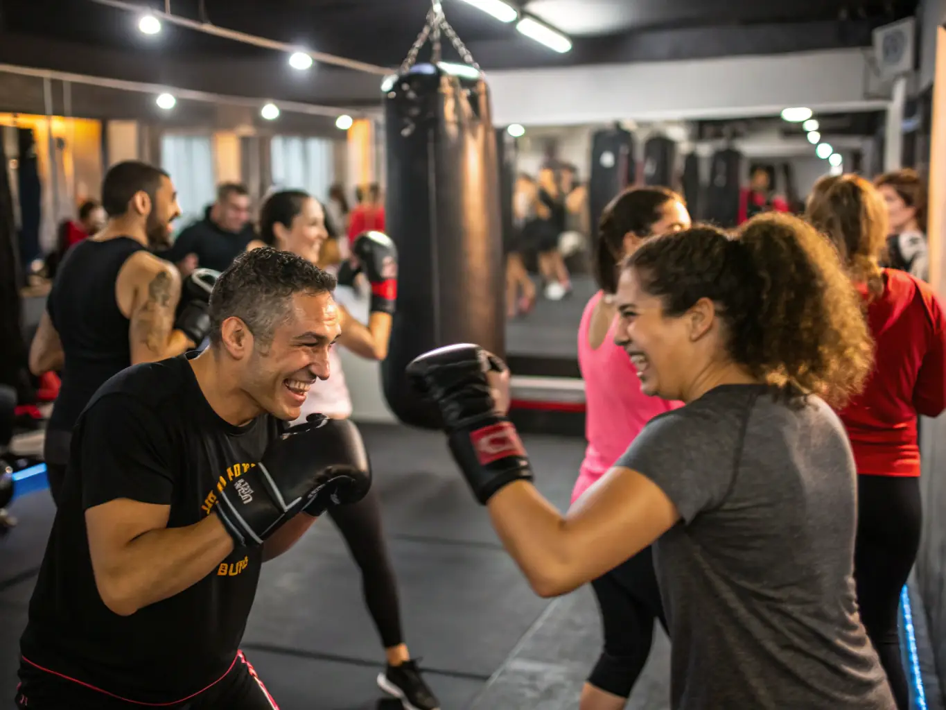 A diverse group of adults participating in a high-energy kickboxing class at Lunery Kick Boxing, demonstrating various punches and kicks under the guidance of an instructor. The setting is a well-lit, modern gym with motivational posters on the walls.