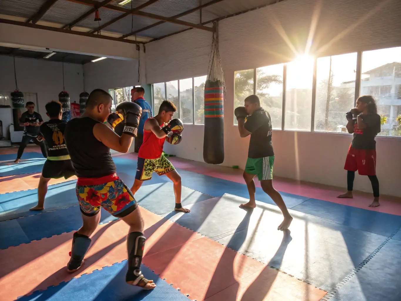 An image of advanced kickboxers sparring in a controlled environment, highlighting their agility, precision, and power, with protective gear ensuring safety.
