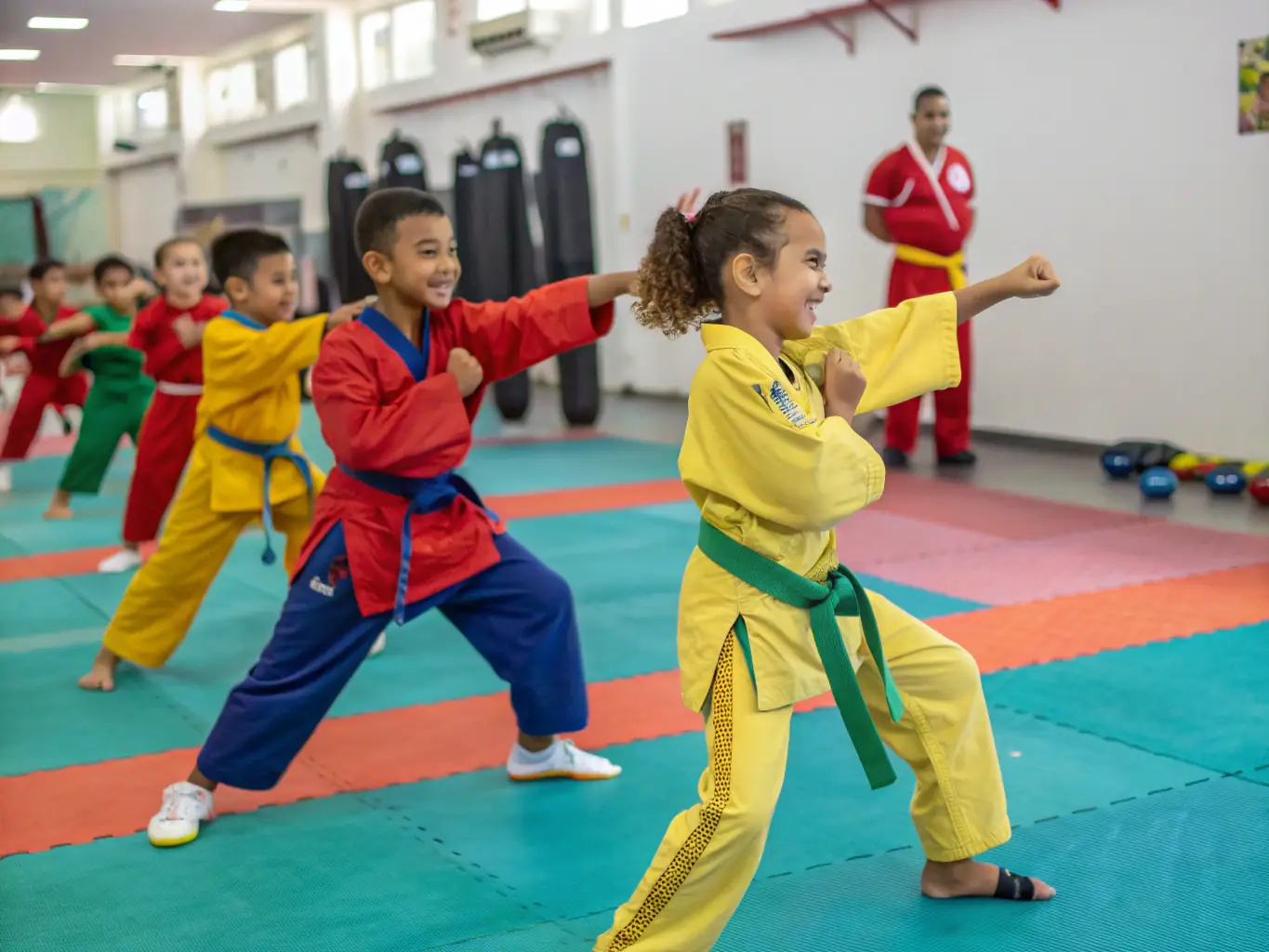 A photo of a group of children participating in a kickboxing class, emphasizing the fun and engaging nature of the activity, with a focus on safety and positive reinforcement.