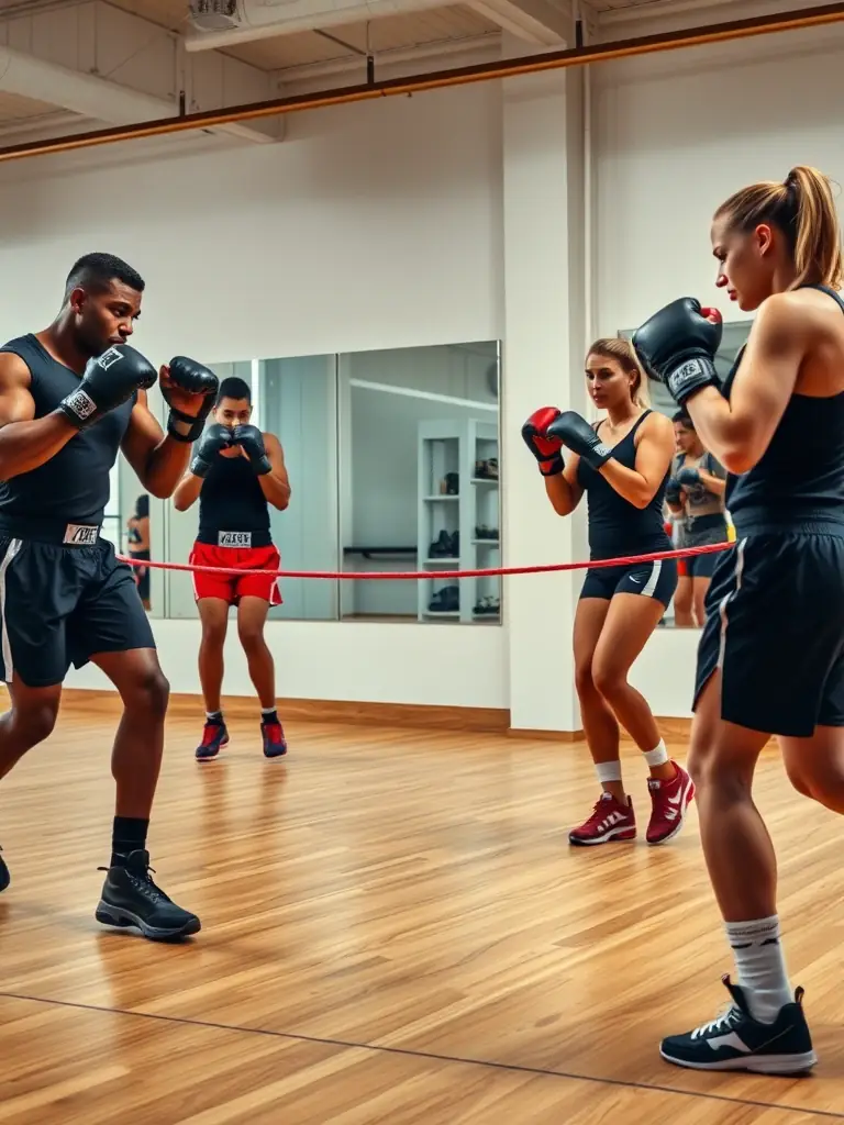 A high-energy image of adults participating in a kickboxing class, demonstrating punches and kicks with focus and determination, set in a modern gym with punching bags and training equipment.