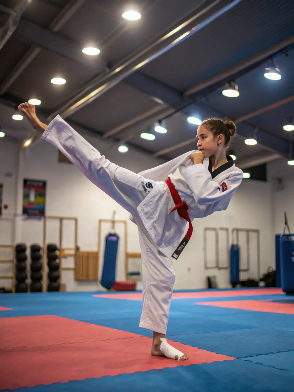 A person confidently executing a self-defense move, illustrating the self-defense skills learned at Lunery Kick Boxing.